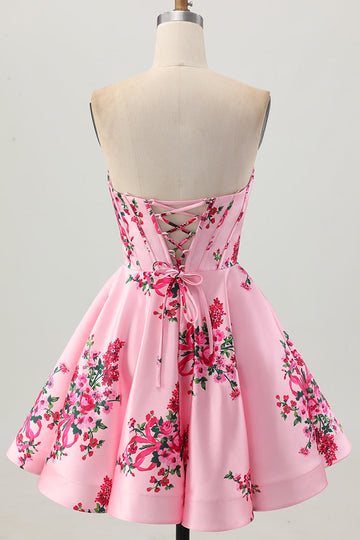 Pink Flower Sweetheart A Line Corset Homecoming Dress